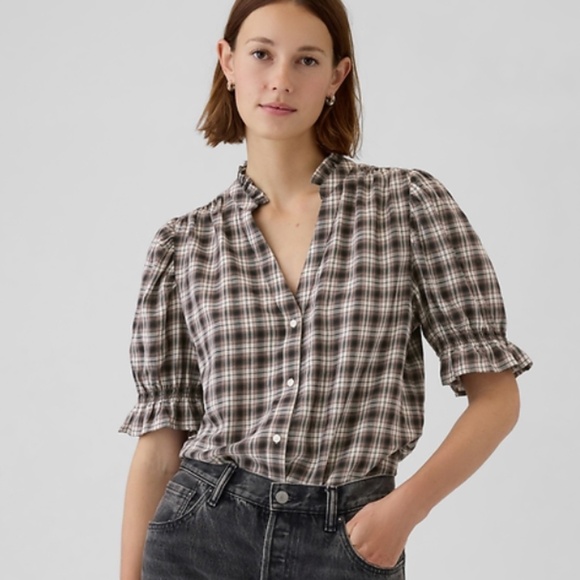 GAP Brown, Black, & Ivory/Cream Plaid Crinkle Gauze Puff Sleeve Shirt - Size XL - Picture 1 of 13